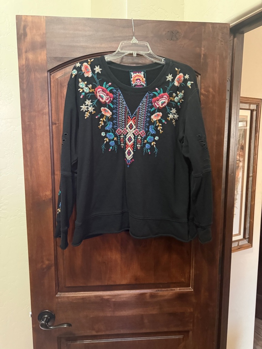Johnny Was Black Embroidered Floral & Geometric Sweatshirt
